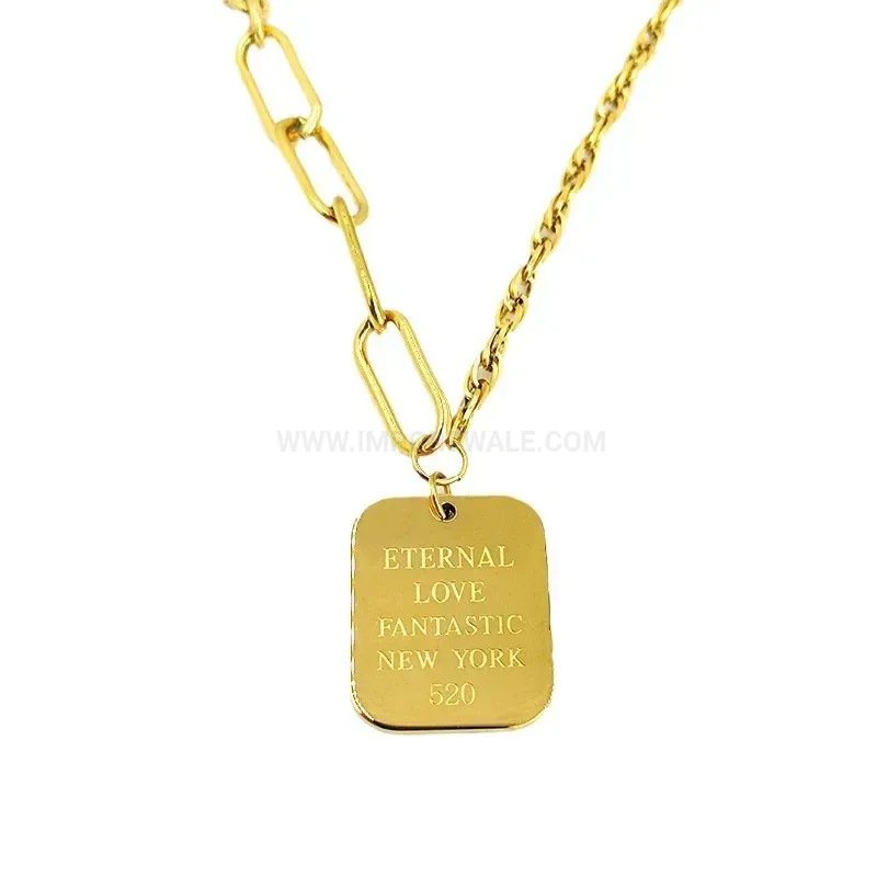 Designer Irregular Titanium Steel Square Tag Letter Pendant Chain Necklace