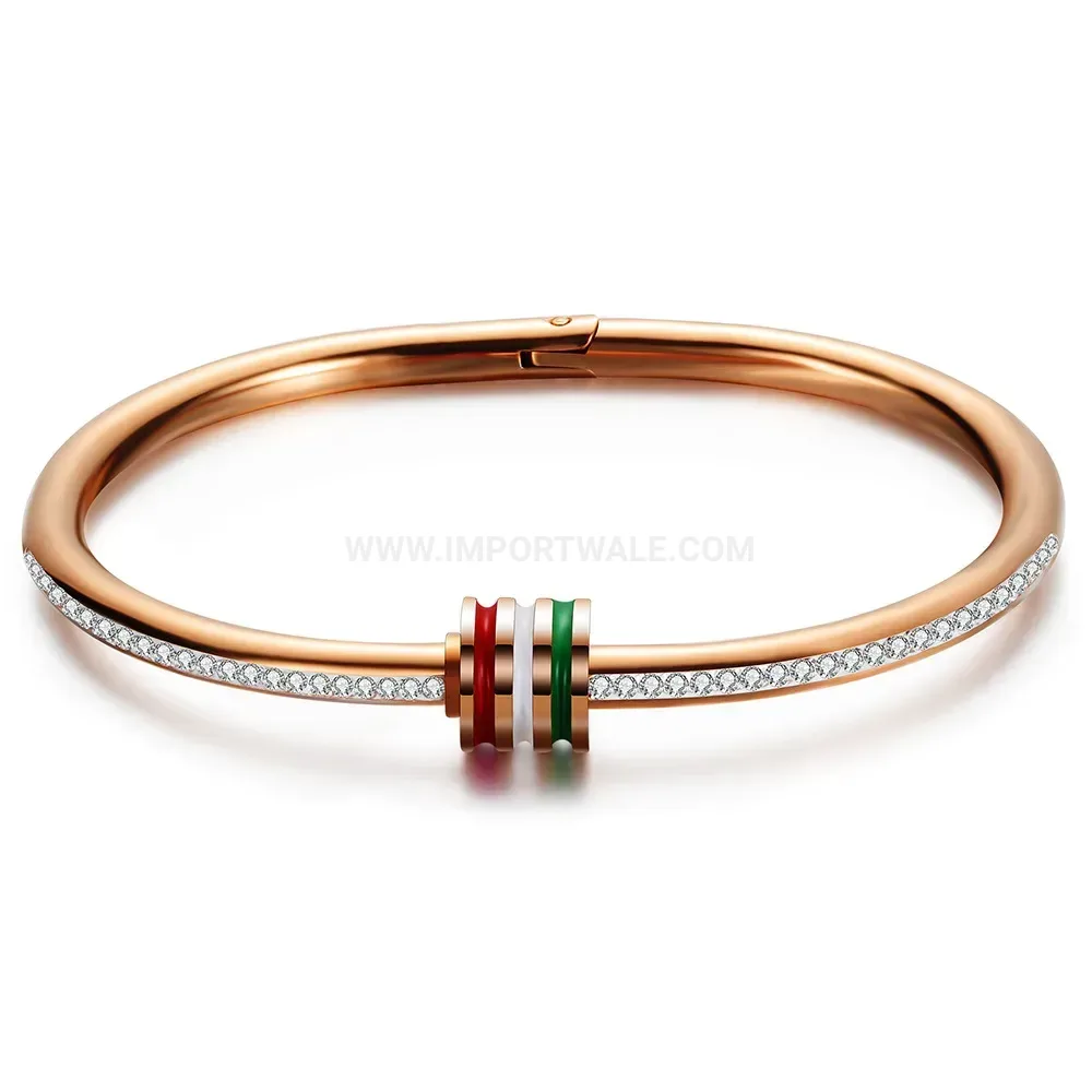 Premium Rhinestone Accent Striped Stainless Steel Bangle Bracelet