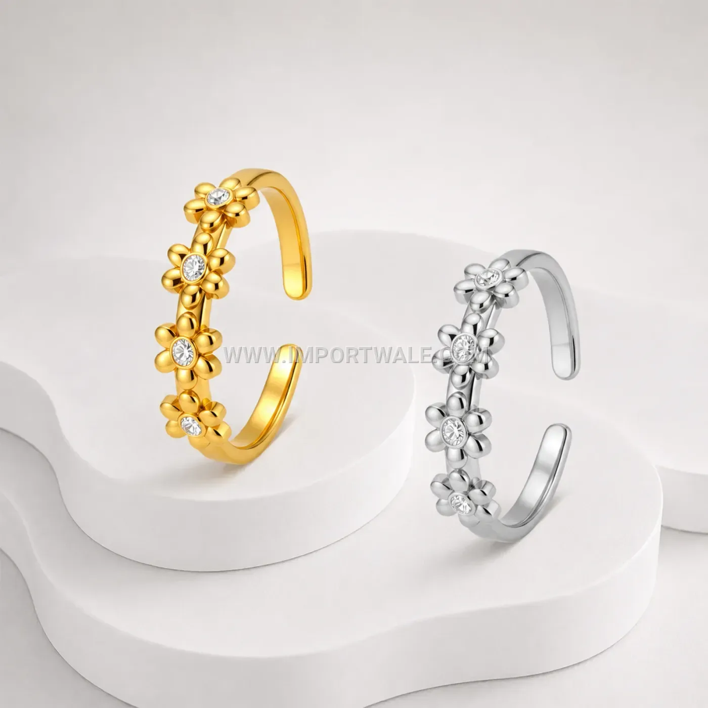 Adjustable Stainless Steel Floral Open Ring with Rhinestone Accents