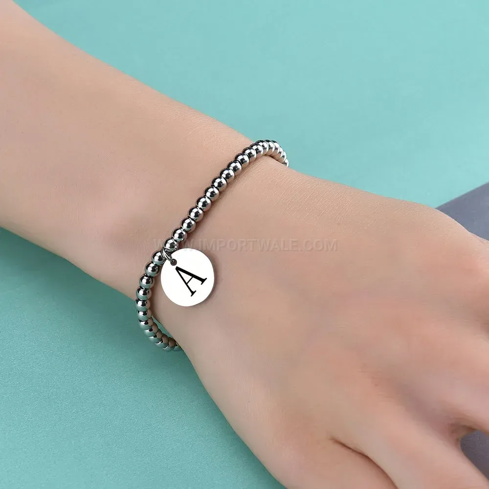 Modern Minimalist Engraved Alphabet Disc Stainless Steel Beaded Bracelet