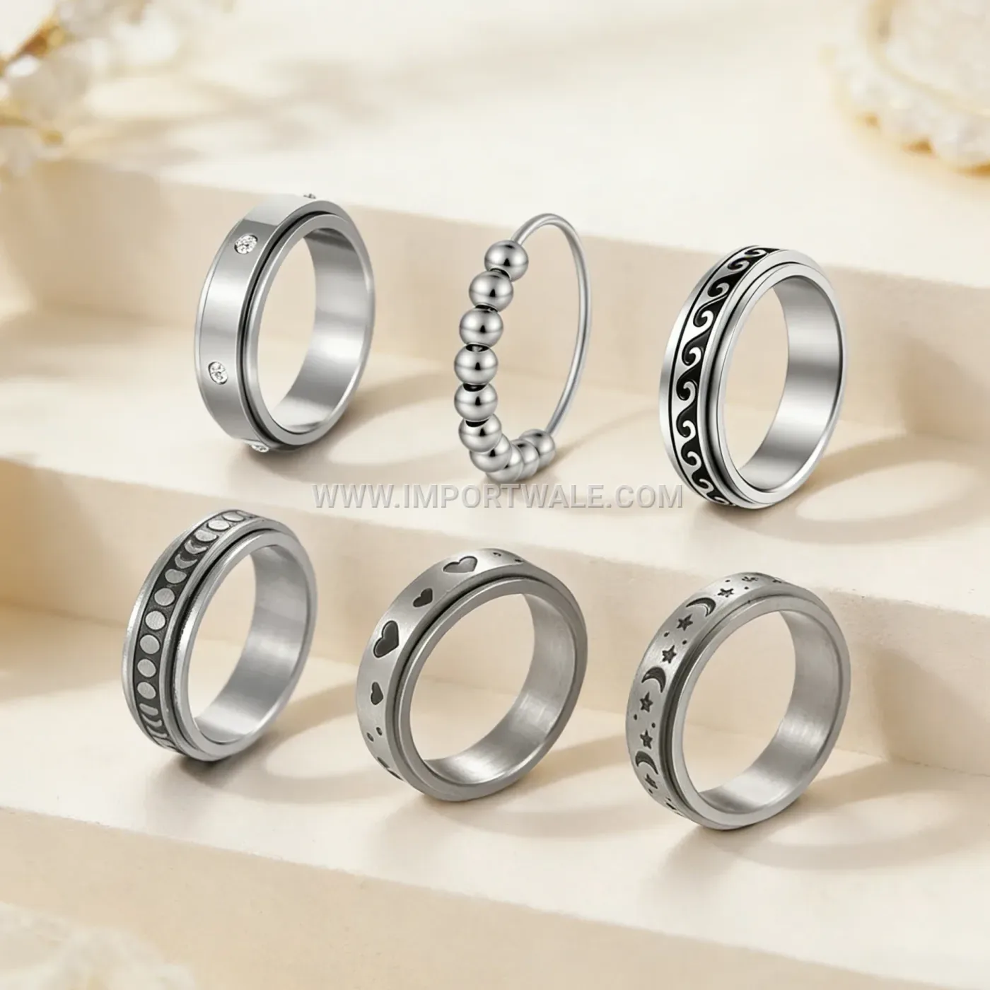 Spinning Heart and Moon Stainless Steel Band Ring