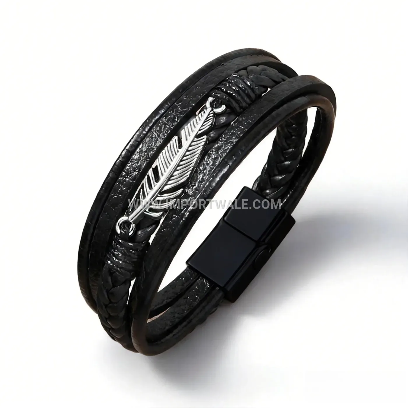 Vintage Feather Multilayer Braided Leather Wrap Bracelet Magnetic Clasp