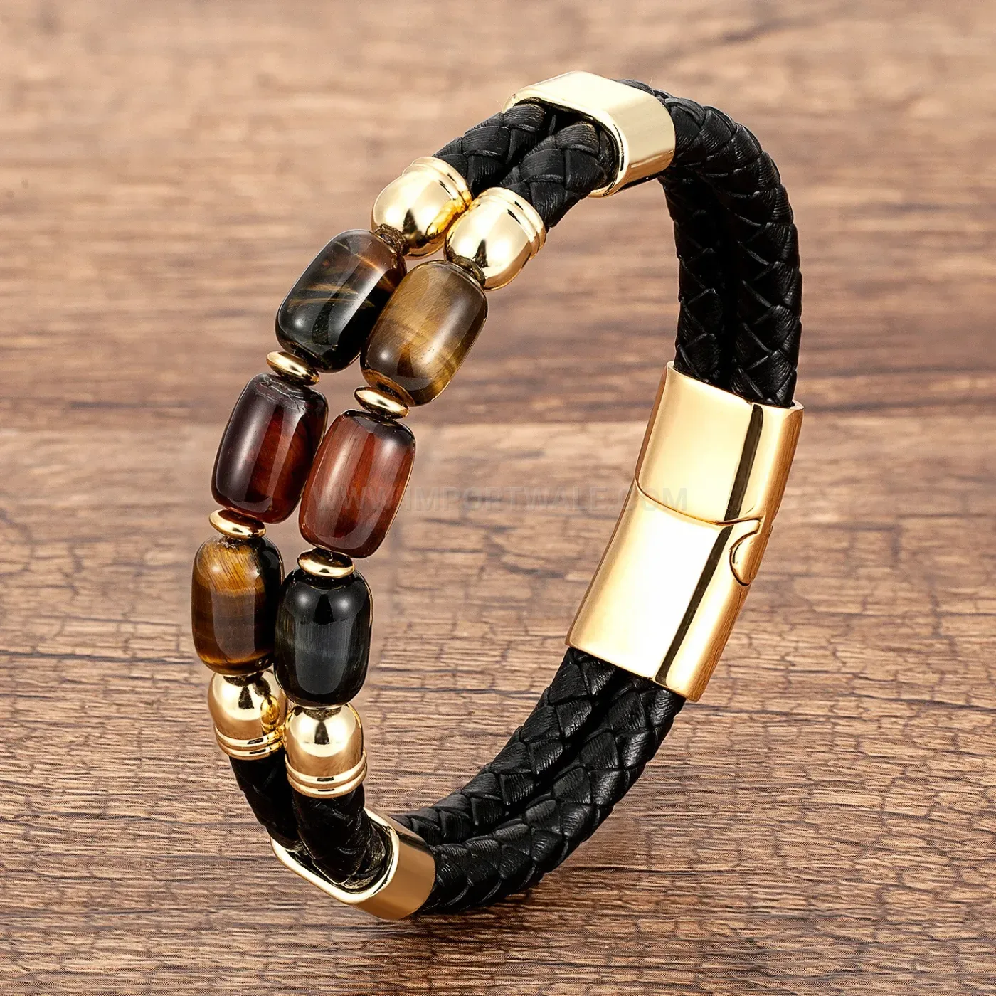 Double Layer Woven Leather and Stone Men Bracelet