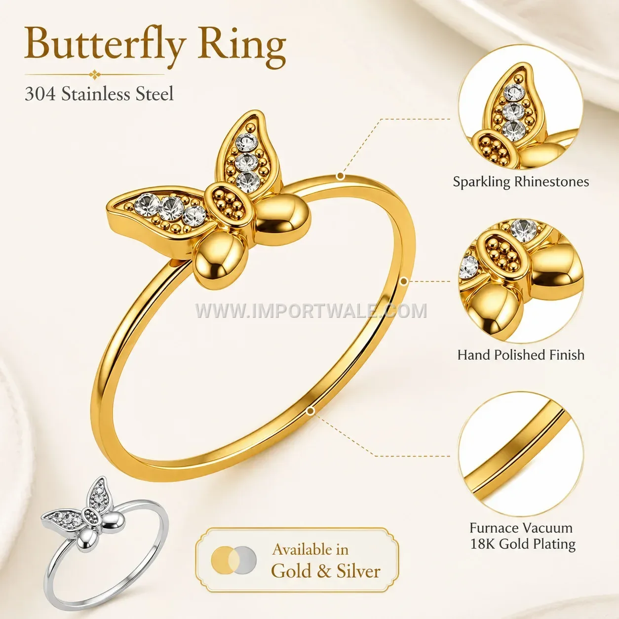Butterfly Zircon 18K Gold Plated Stainless Steel Statement Ring