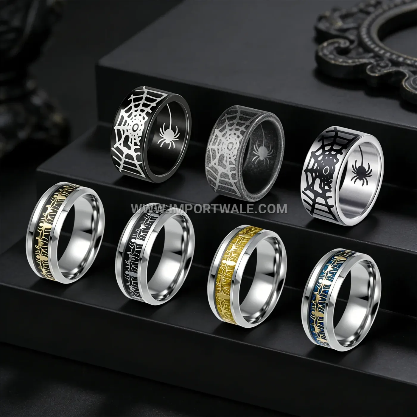 Distressed Stainless Steel Spider Motif Band Ring