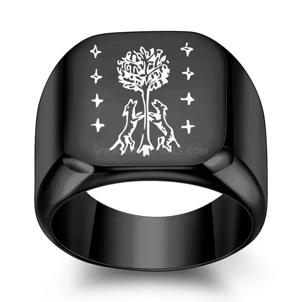 Trendy Wide Square Stainless Steel Engraved Nature Motif Ring