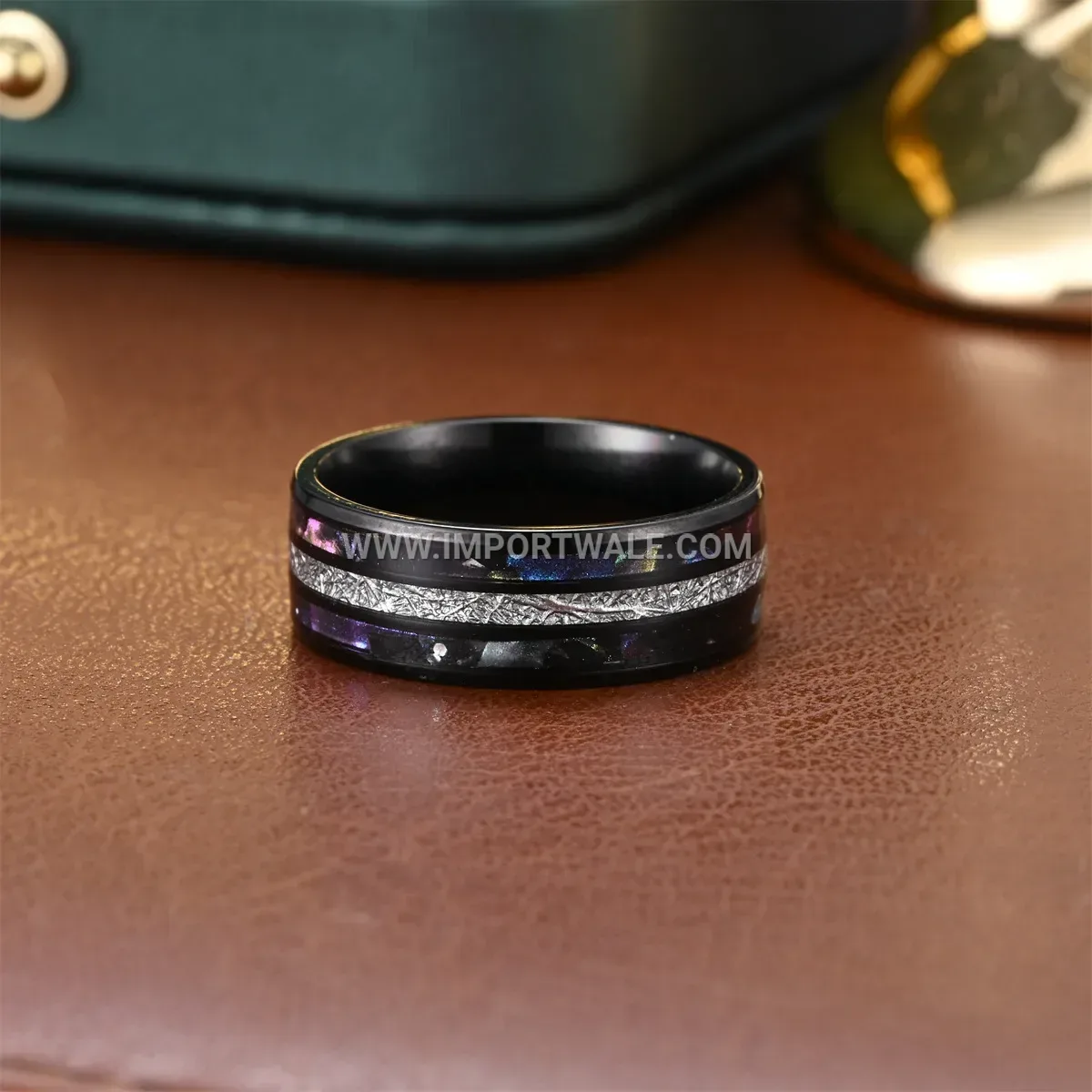 Black Silk Inlay Double Shell Stainless Steel Ring