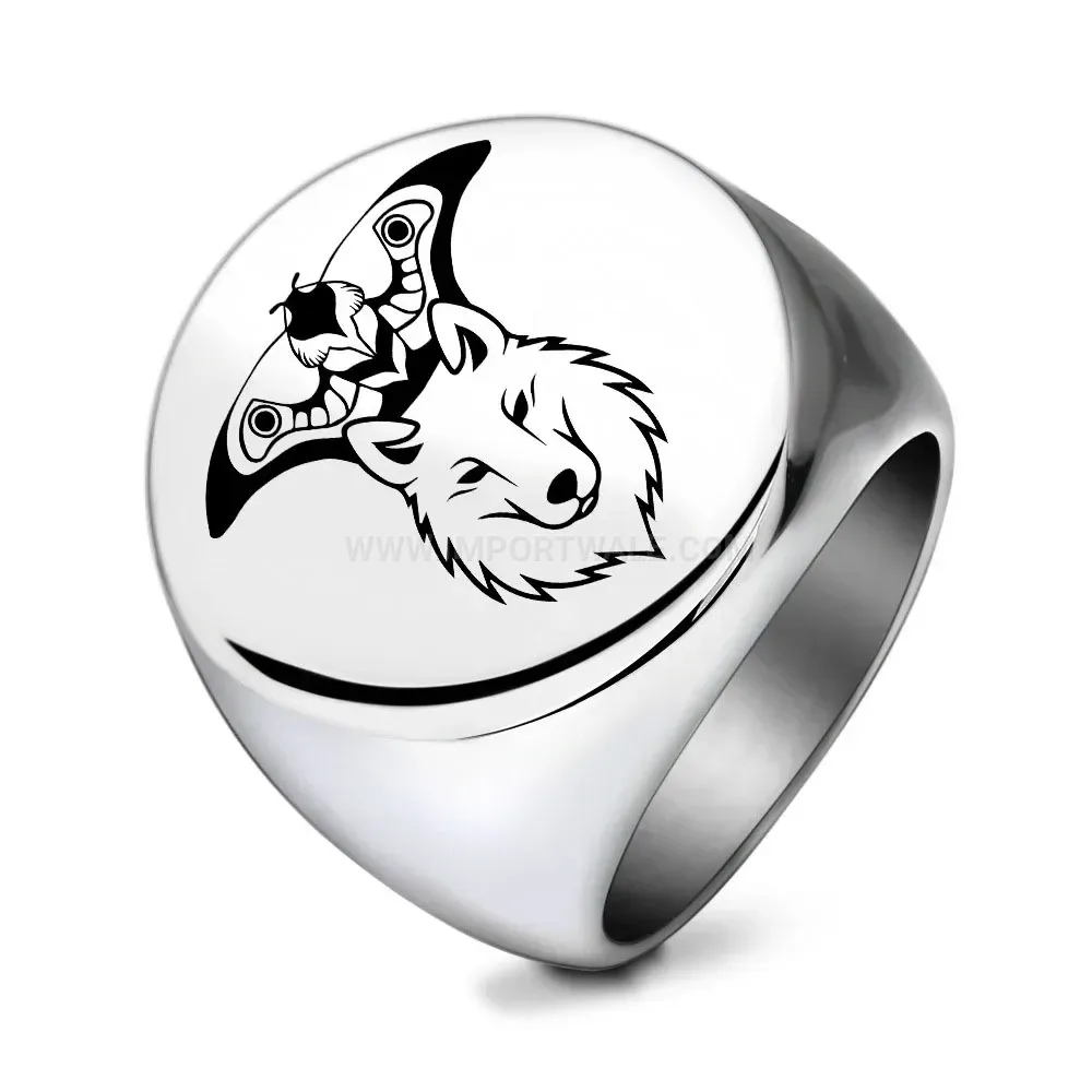 Elegant Laser-Engraved Eagle and Wolf Stainless Steel Signet Ring