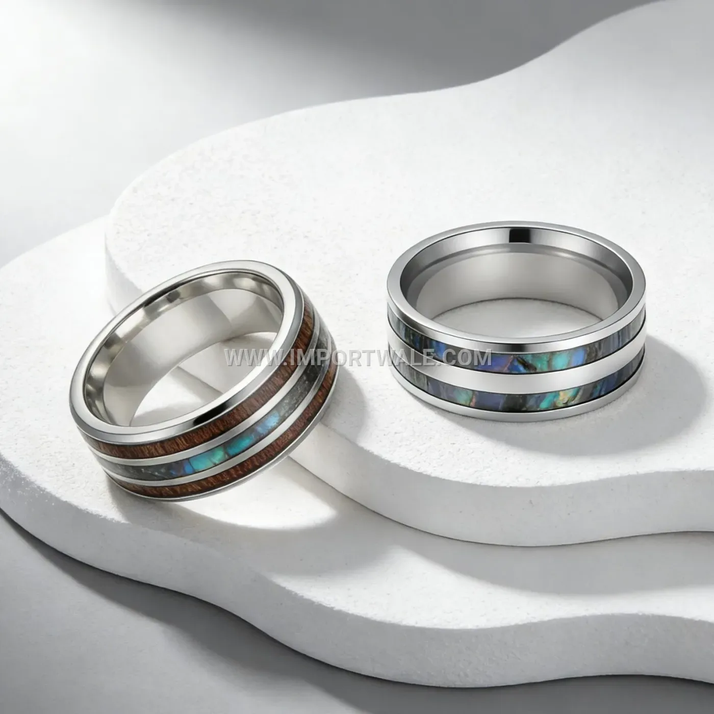 Abalone Shell Inlaid Stainless Steel Ring Set