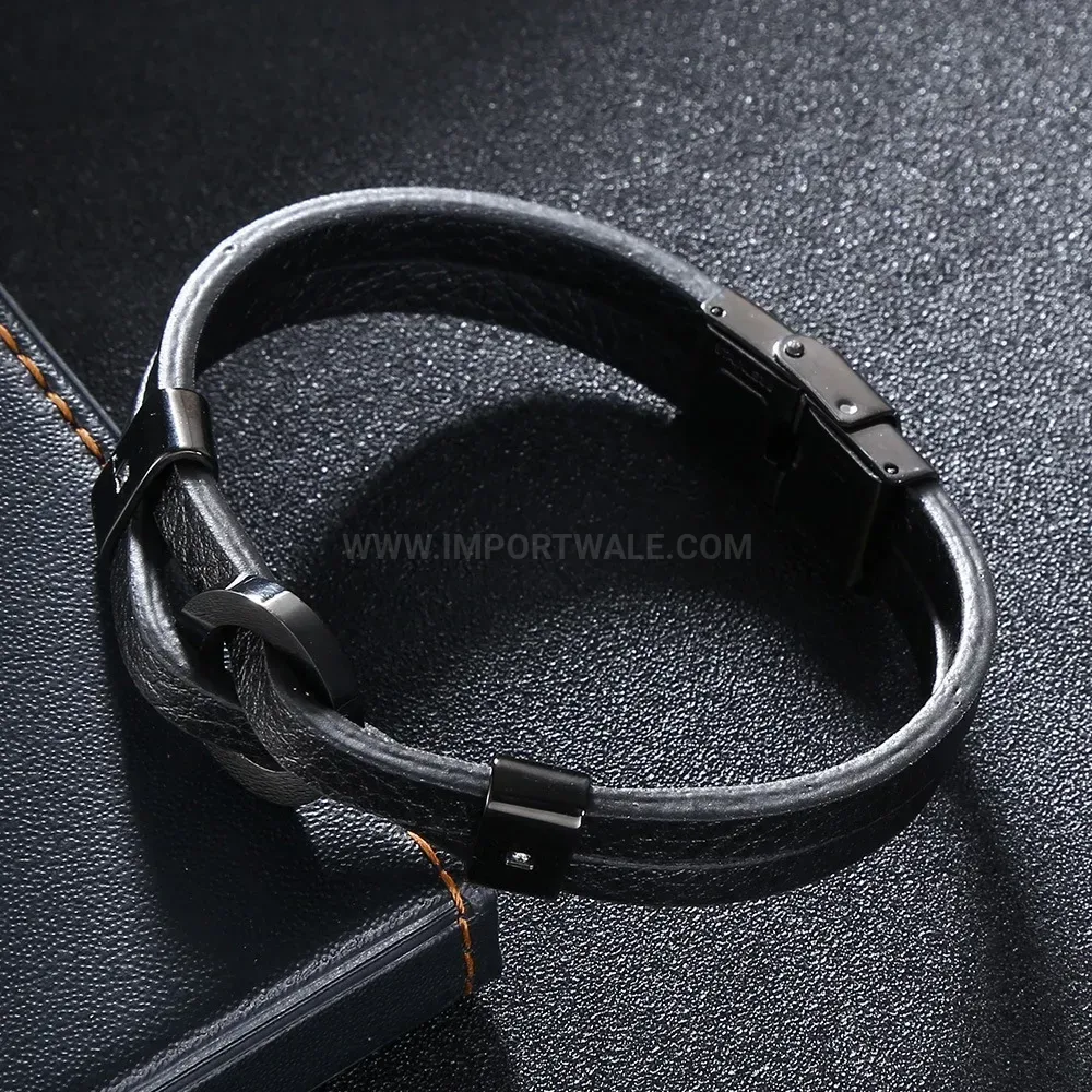 Black Leather Stainless Steel Circular Ring Charm Mens Bracelet