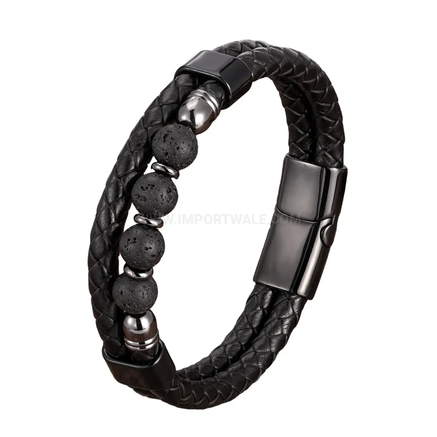 Dual Layer Stone and Braided Leather Bracelet with Clasp
