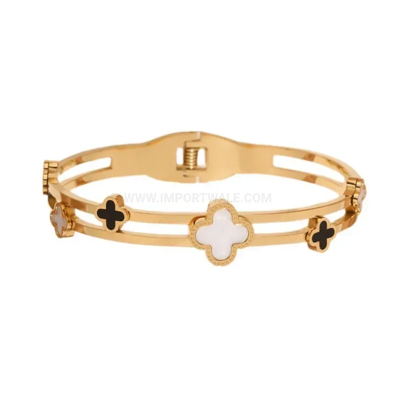 Elegant Shell Four Leaf Clover Geometric Titanium Steel Bangle Bracelet