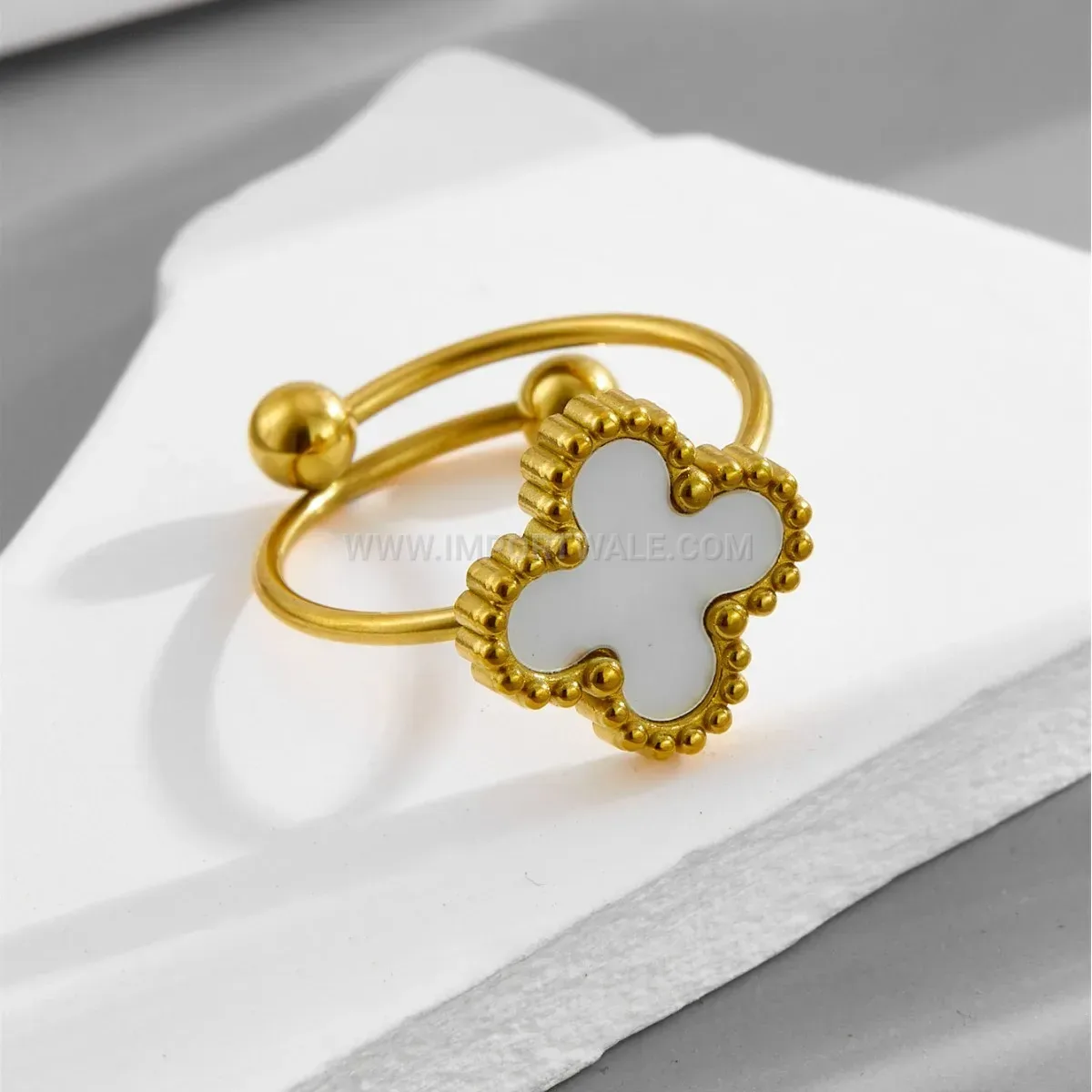 Adjustable Gold Plated Four Leaf Clover Stainless Steel Shell Ring