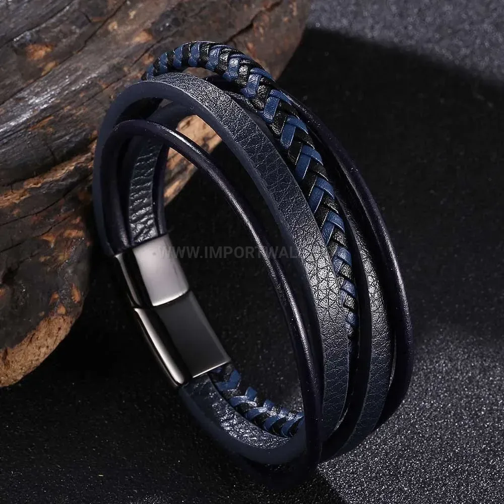 Multi-Strand Woven Leather Wristband with Stainless Steel Clasp