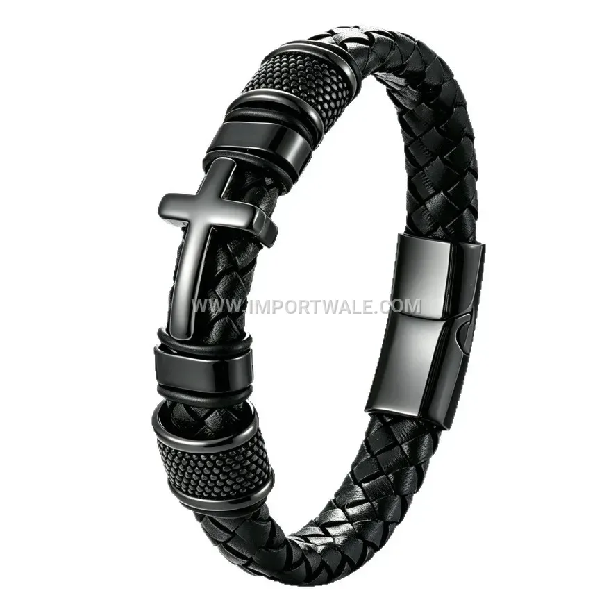 Multi-Ring Cross Accent Leather Wristband With Magnetic Clasp