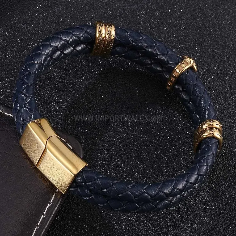 Woven Leather Cross Charm Magnetic Stainless Steel Bracelet