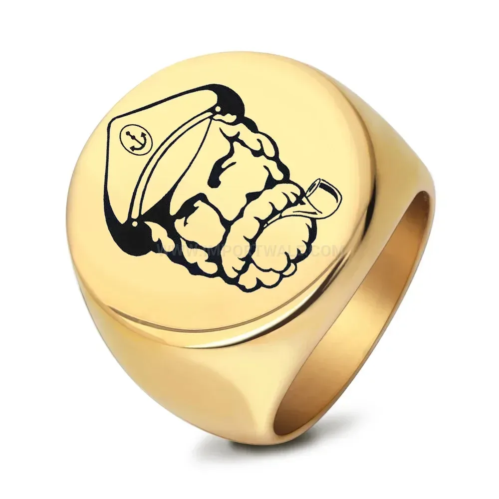 Premium Laser Etched Character Stainless Steel Round Signet Ring