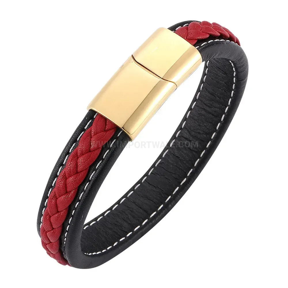Gold Tone Stainless Steel Chain and Wrapped Leather Bracelet