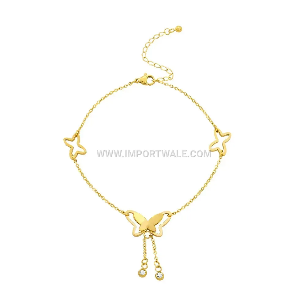 Gold Butterfly Tassel Zircon Titanium Steel Anklet