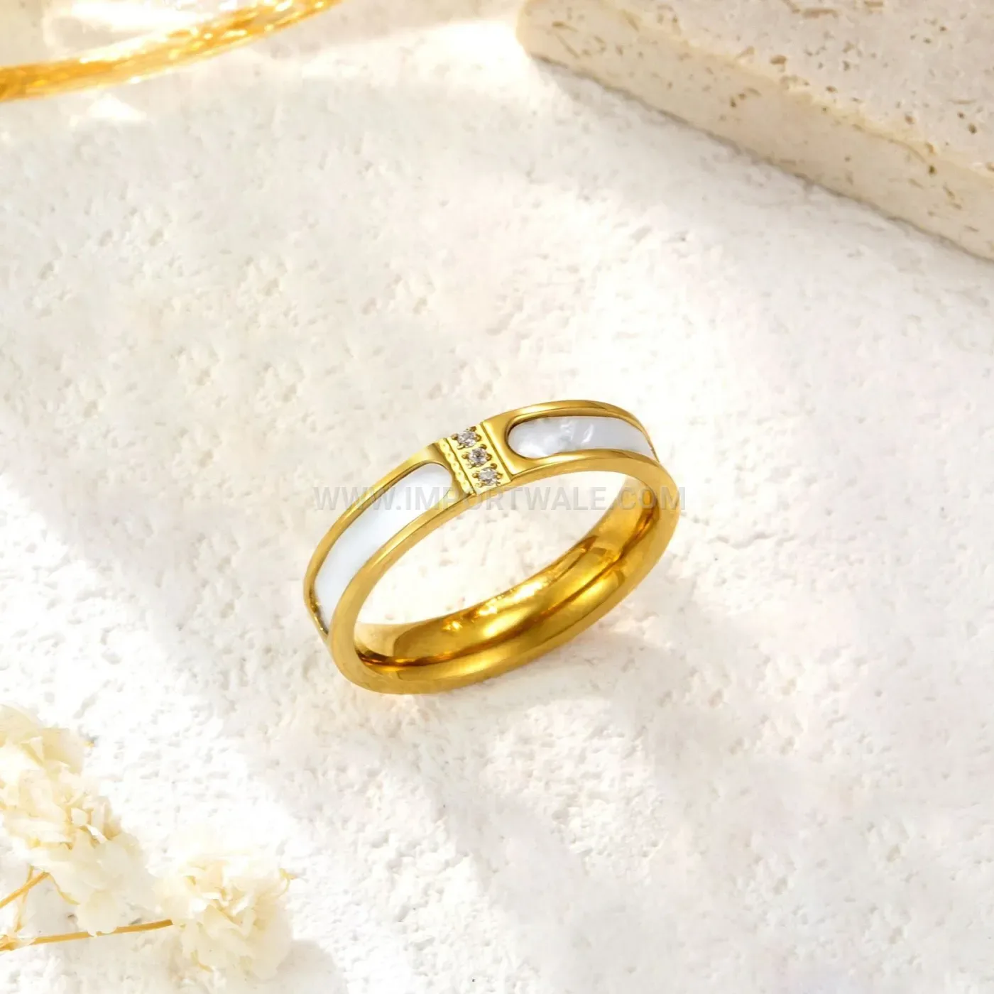 Mother of Pearl Three-Stone Plated Stainless Steel Ring