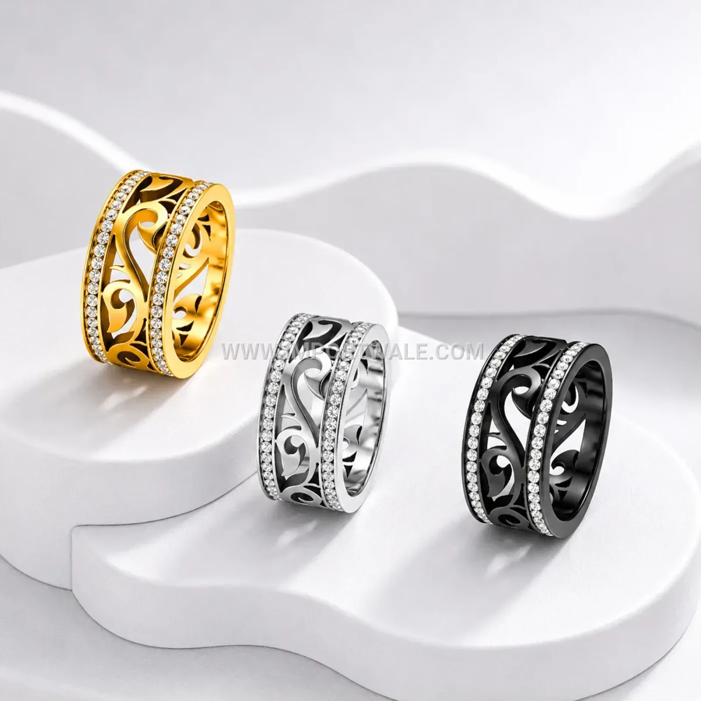 Filigree Cutout Stainless Steel Wide Band Ring with Rhinestones
