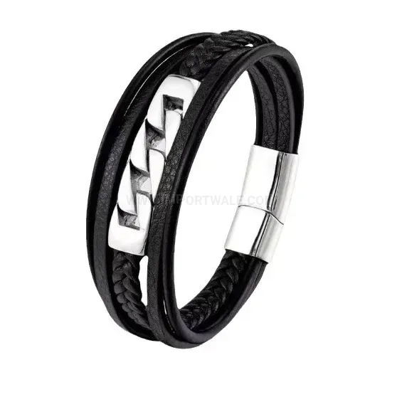 Braided Leather Multi-Layer Stainless Steel Punk Bracelet for Men