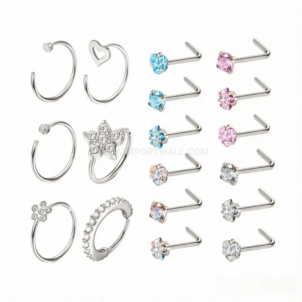 Stylish Stainless Steel L Shaped Nose Stud and Hoop Body Piercing Set