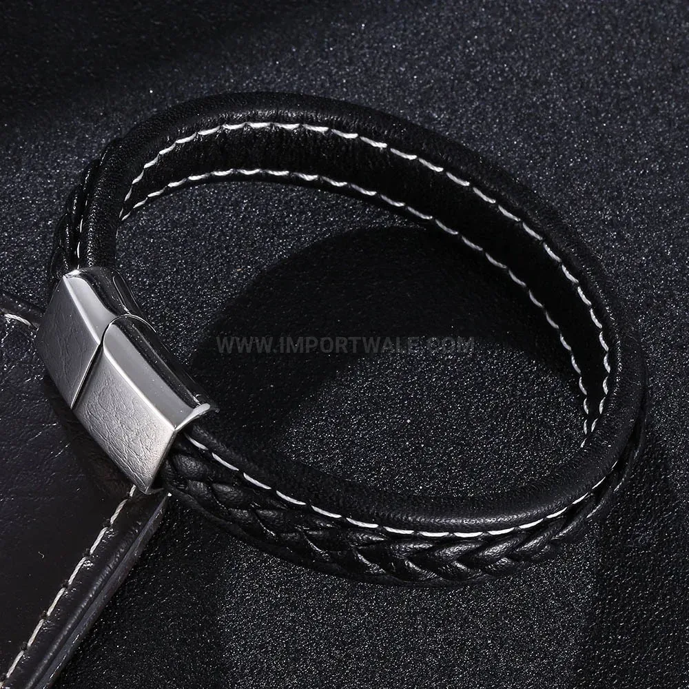 Textured Leather Bangle with Steel Magnetic Suction Clasp
