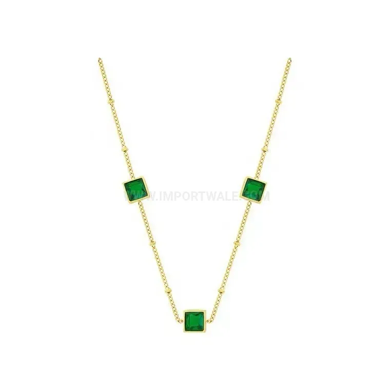 Modern French Square Cubic Zirconia 18K Gold Plated Steel Pendant Necklace