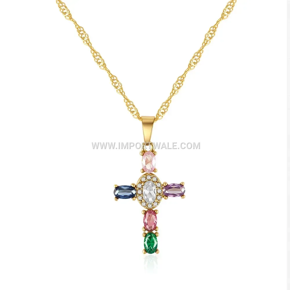 Gold Plated Stainless Steel Zircon Cross Pendant Necklace