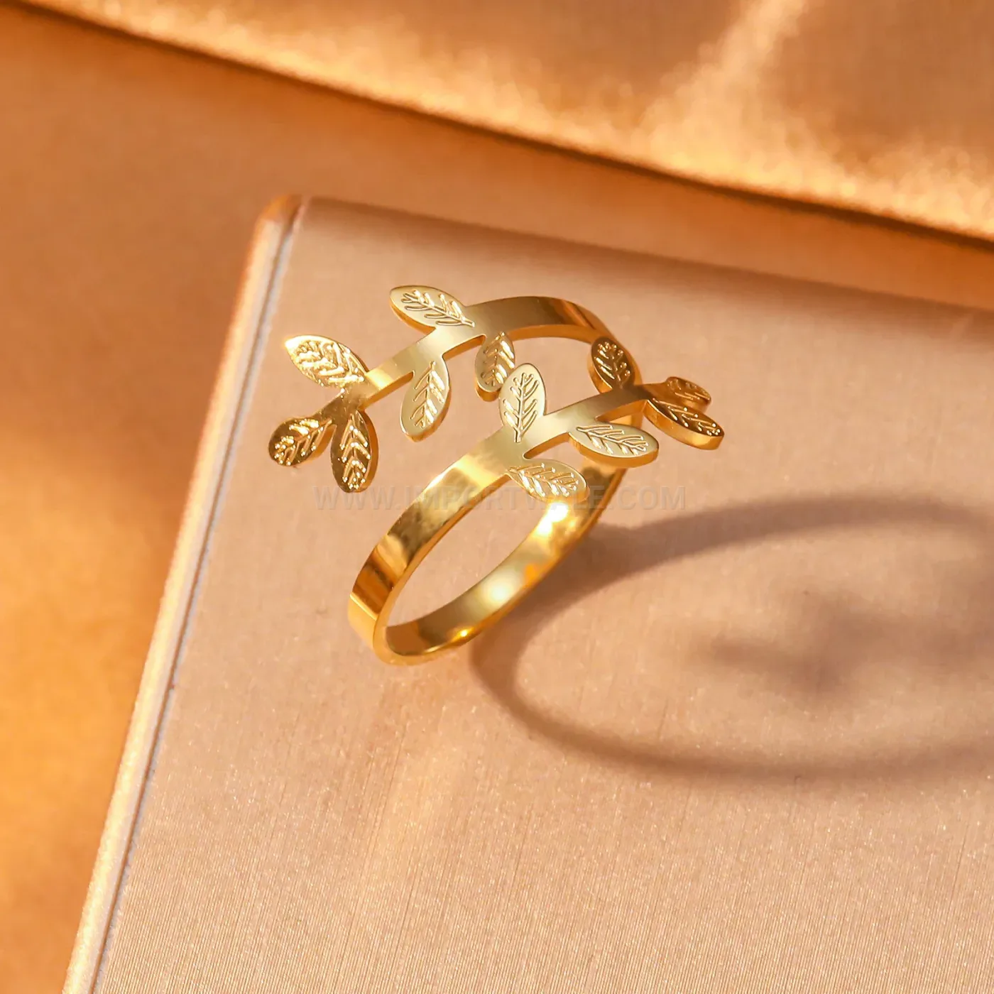 18K Gold Plated Olive Branch Adjustable Stainless Steel Leaf Band Ring