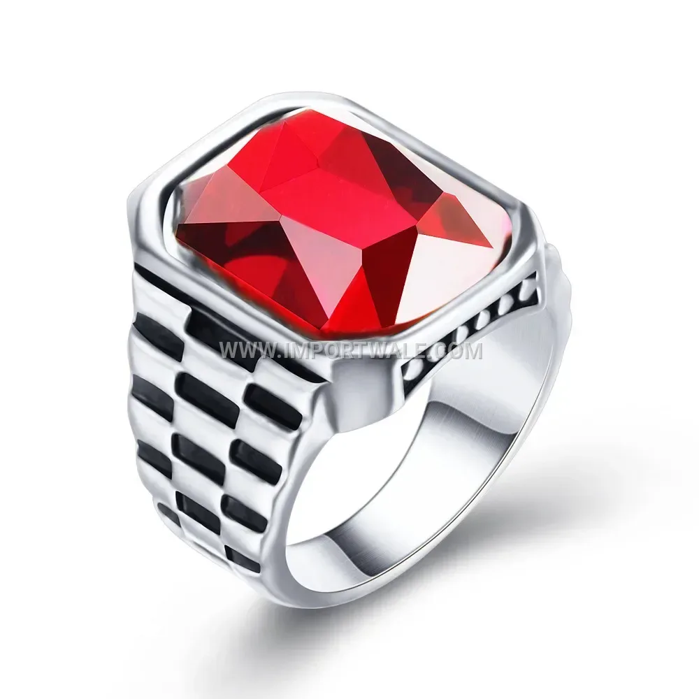 Retro Stainless Steel Ruby Accent Band Ring