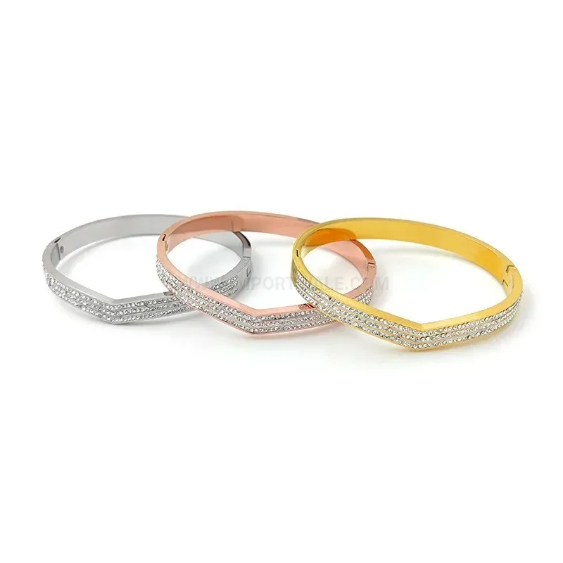 Fashion Triple Row Rhinestone V Shaped Titanium Steel Bangle