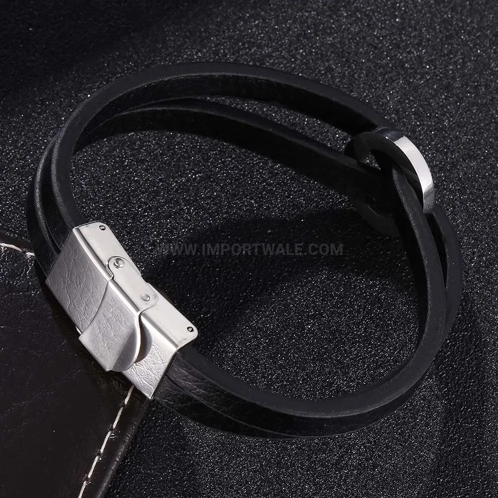 Double Strand Leather Cord Bracelet With Stainless Steel Safety Clasp