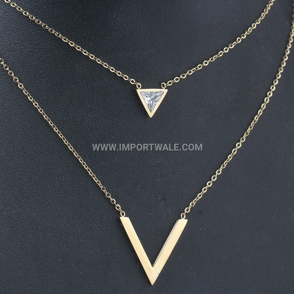 Geometric Triangular Zirconia Stainless Steel Pendant Necklace Set
