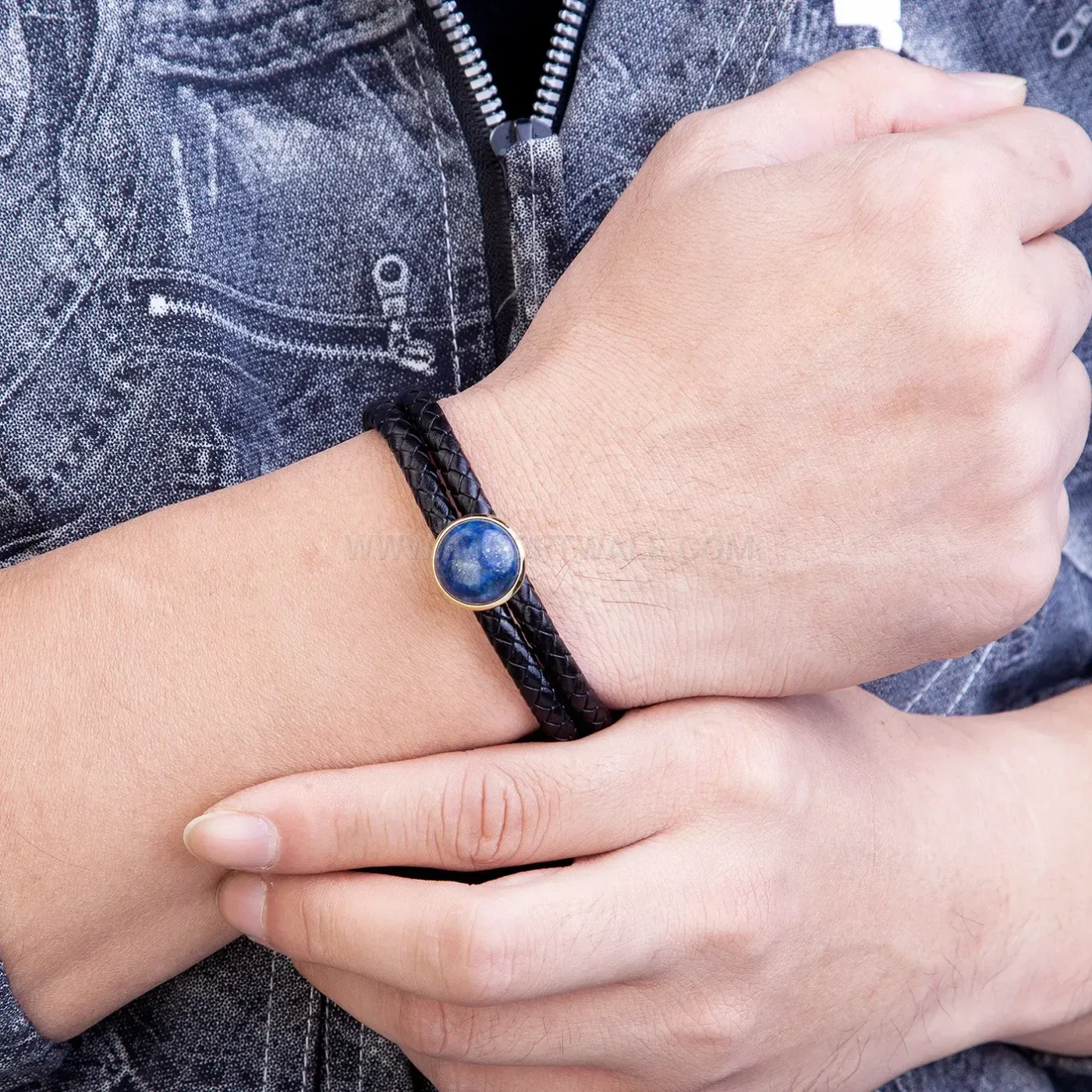 Double Layer Woven Leather Stone Bracelet with Magnetic Clasp