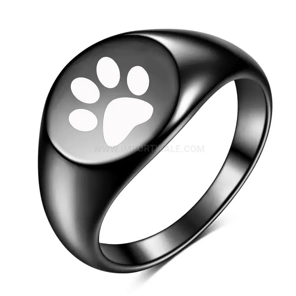 Elegant Laser Etched Paw Print Stainless Steel Memorial Ring