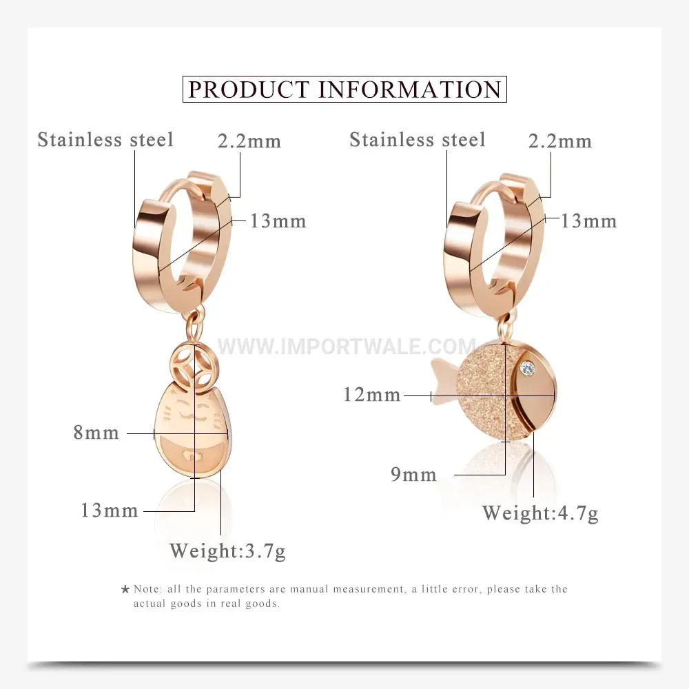 Rose Gold Frosted Stainless Steel Fish Hoop Earrings
