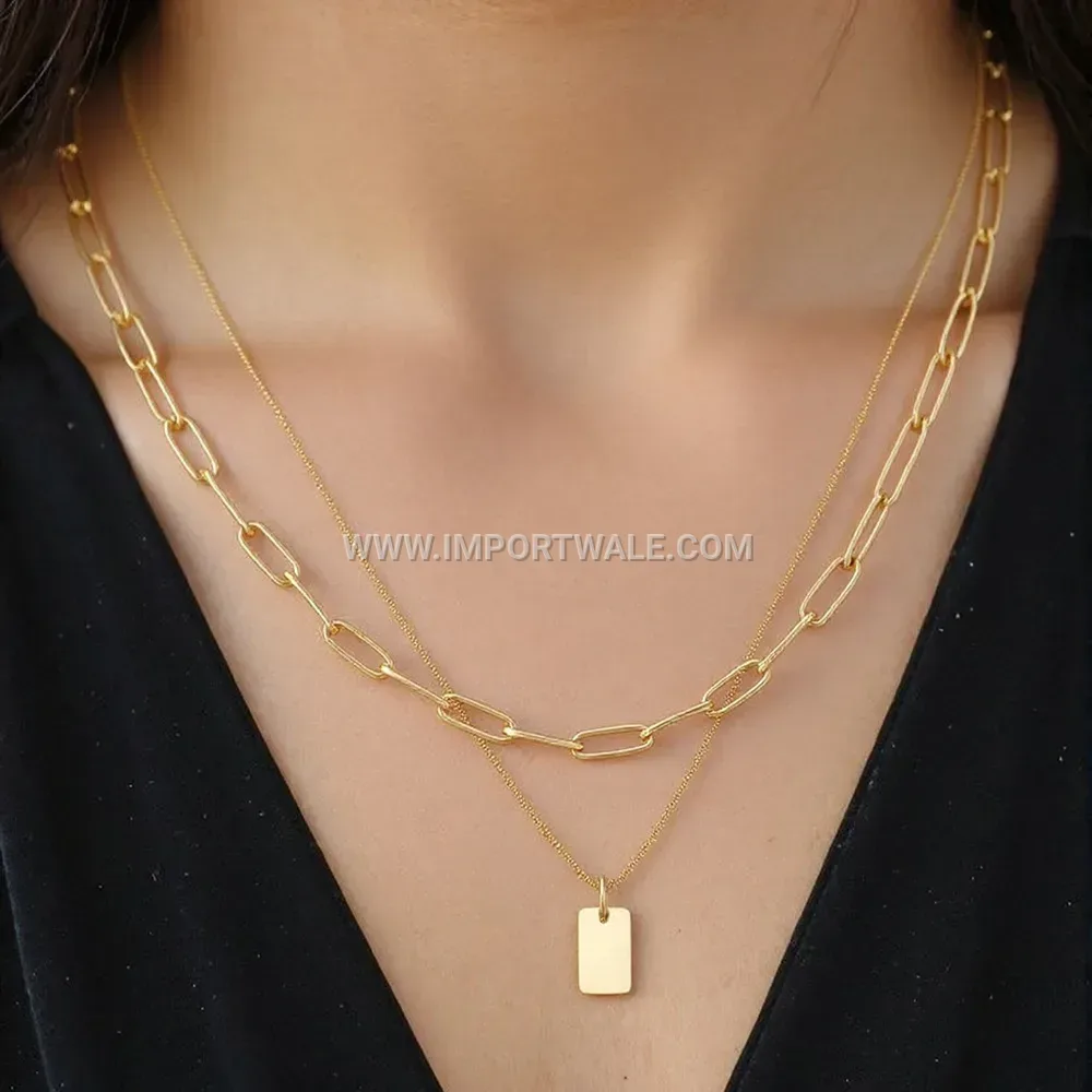 Engravable Square Plaque Stainless Steel Paperclip Necklace