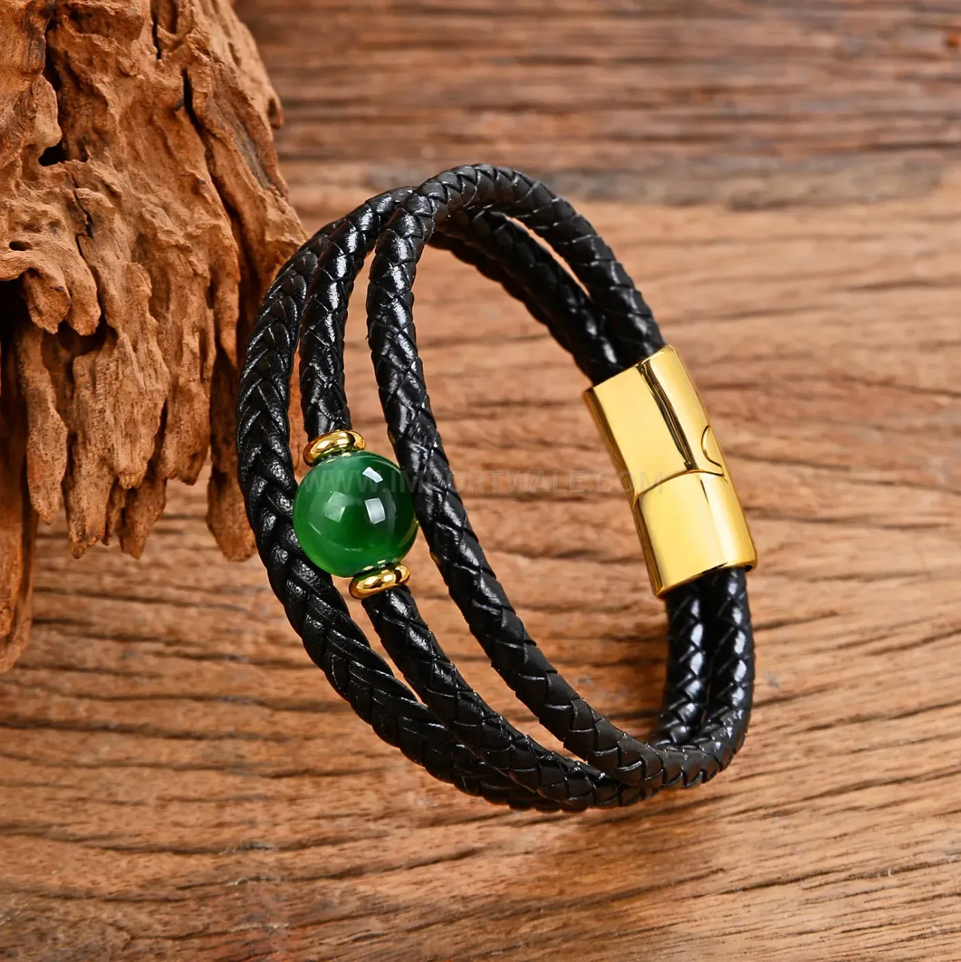 Multi Layer Woven Leather Natural Stone Bracelet Stainless Steel Magnetic Clasp