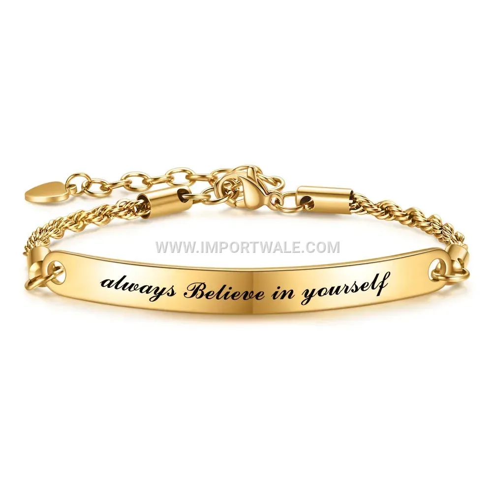 Adjustable Stainless Steel Curved Bar Bracelet with Engraved Quote