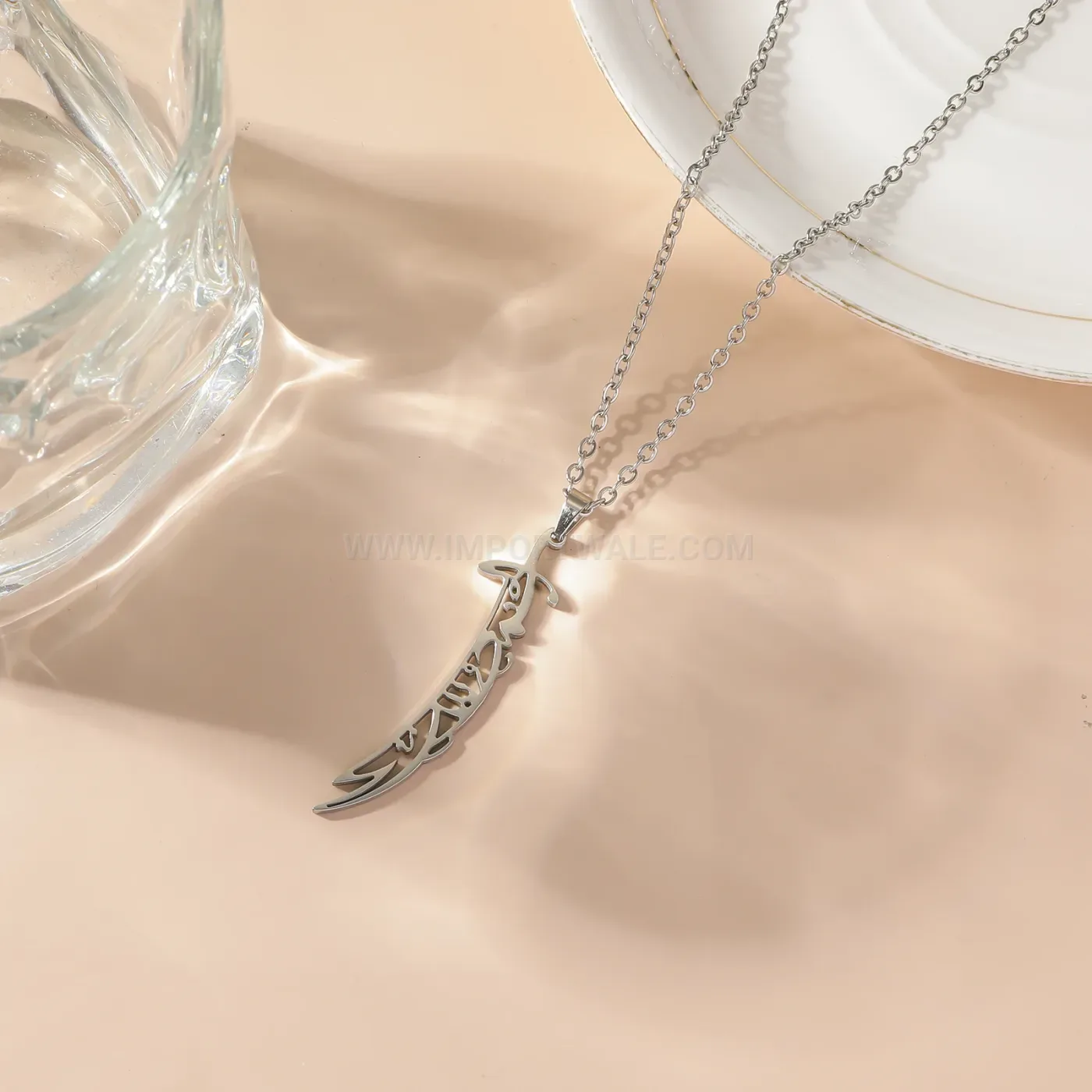 Elegant Stainless Steel Gold Plated Scimitar Sword Amulet Necklace