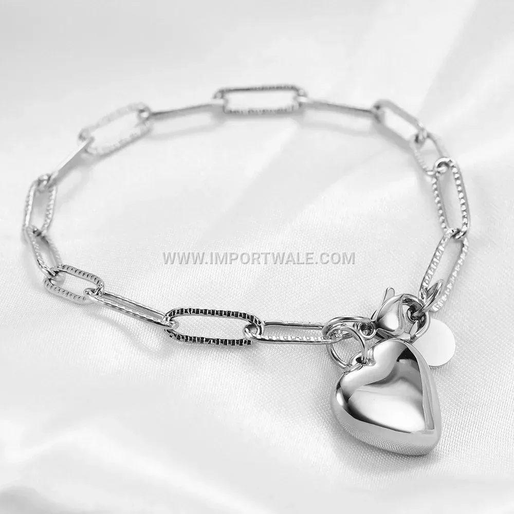 Stainless Steel Paperclip Link Bracelet With Heart Disc Charm