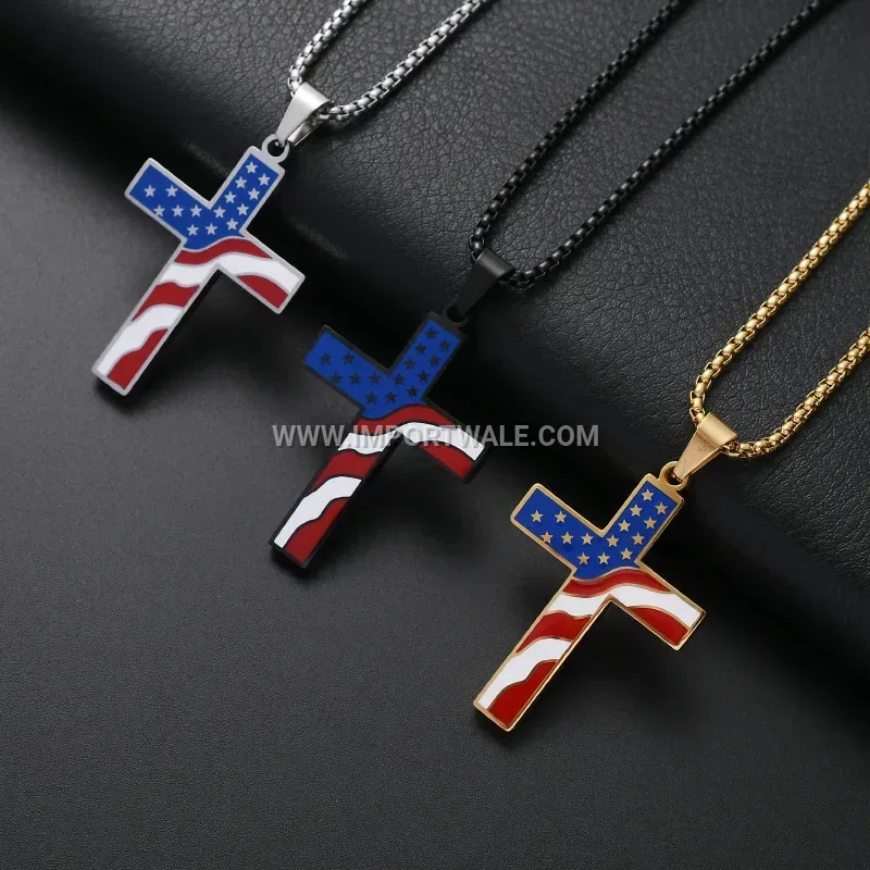 Stainless Steel Flag Cross Pendant Pearl Necklace