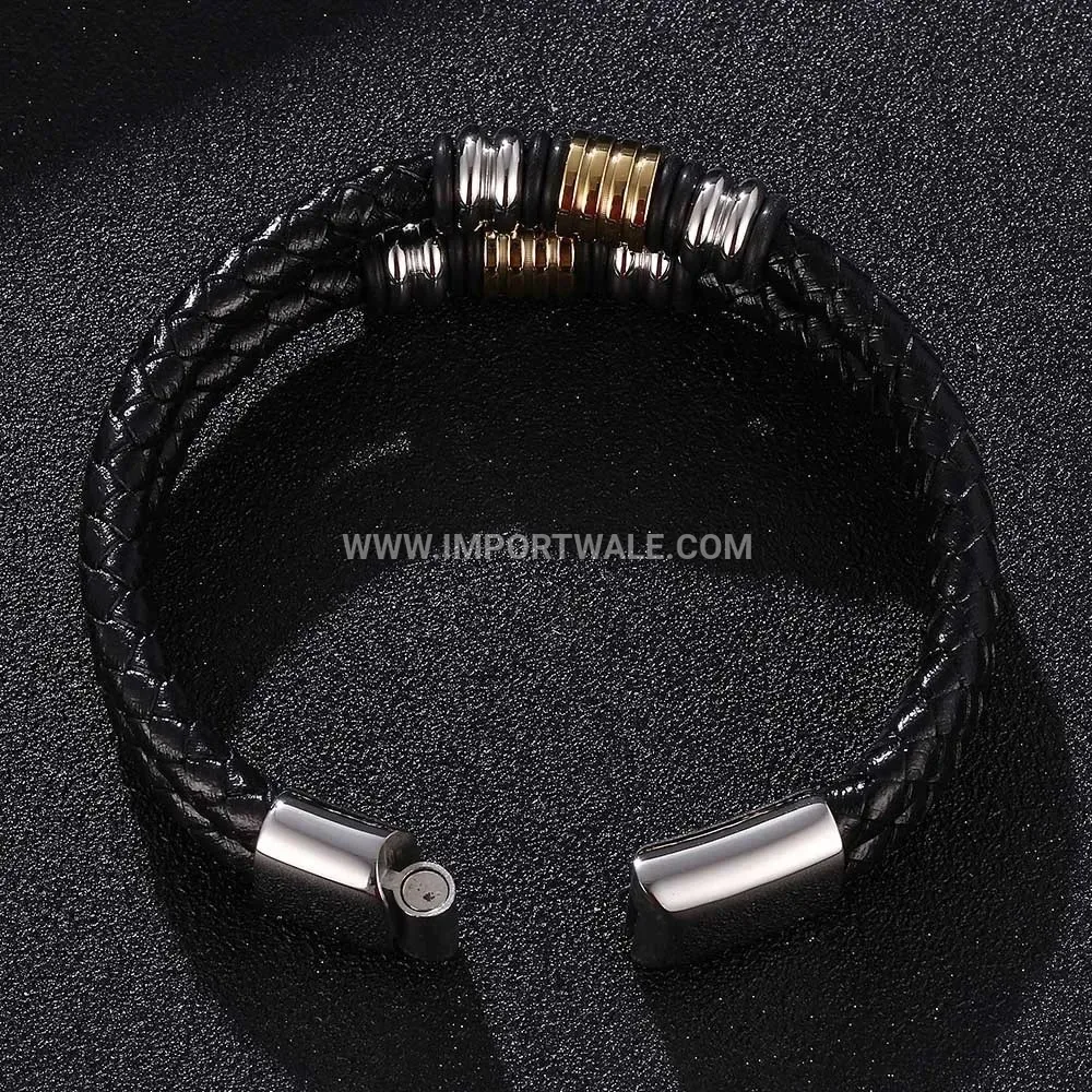 Handcrafted Double Layer Woven Leather Stainless Steel Men Bracelet