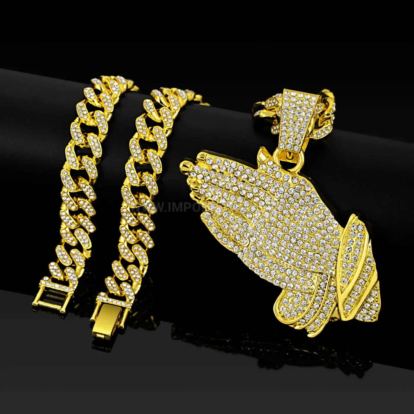 Classic Iced Out Praying Hands Pendant Cuban Chain Necklace