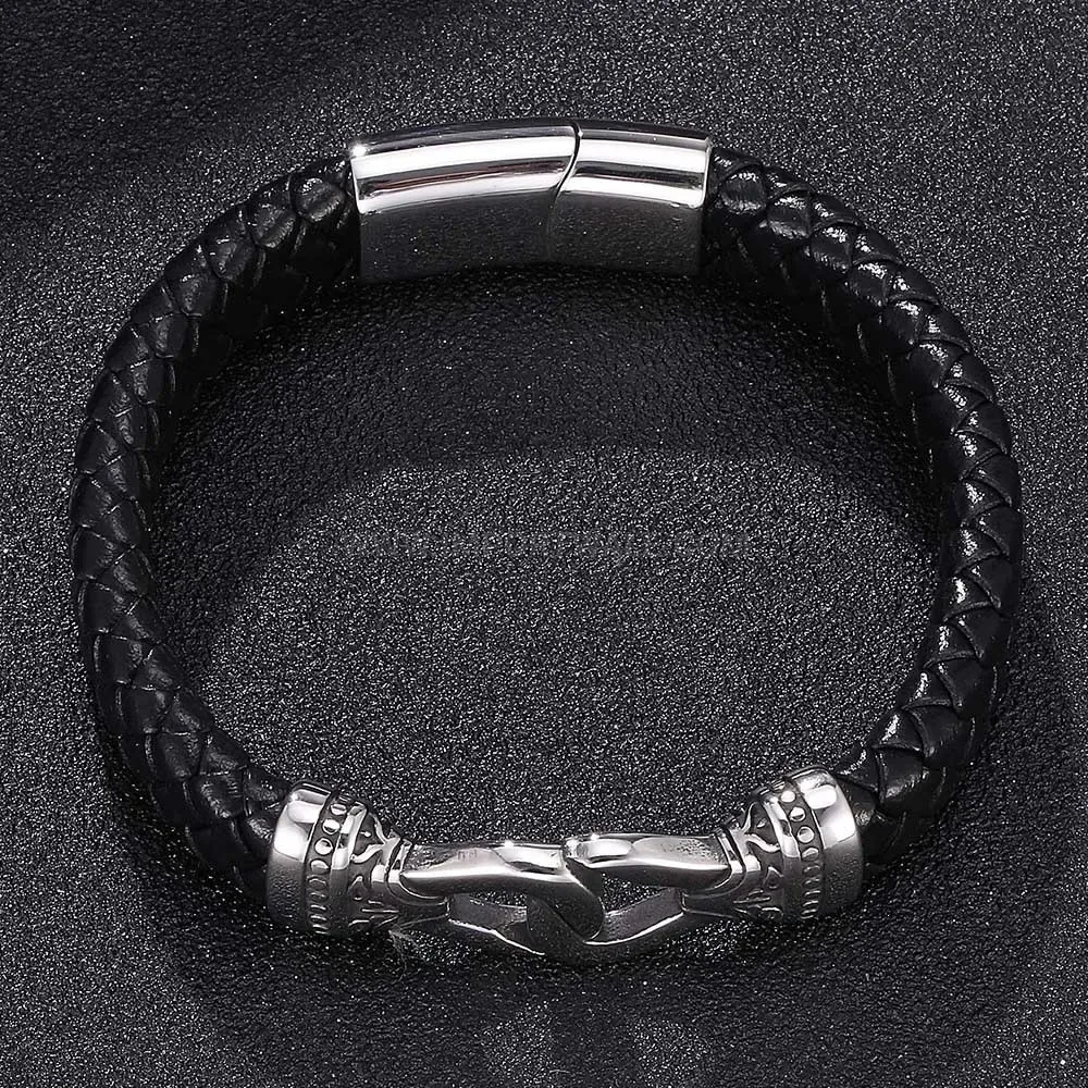 Vintage Totem Stainless Steel and Woven Black Leather Men Bracelet
