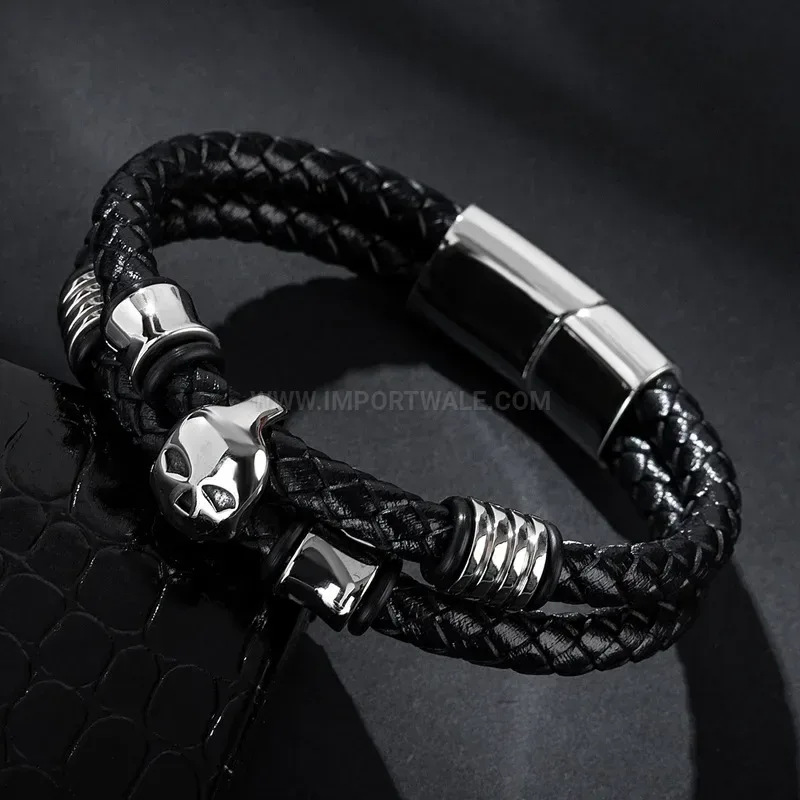 Trendy Double Strand Leather Bangle Bracelet With Stainless Steel Ghost Motif