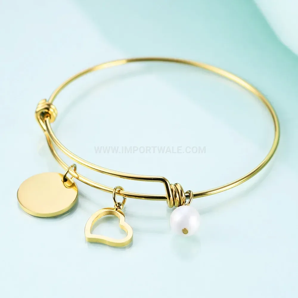 Trendy Gold Stainless Steel Bangle with Pearl and Heart Pendant
