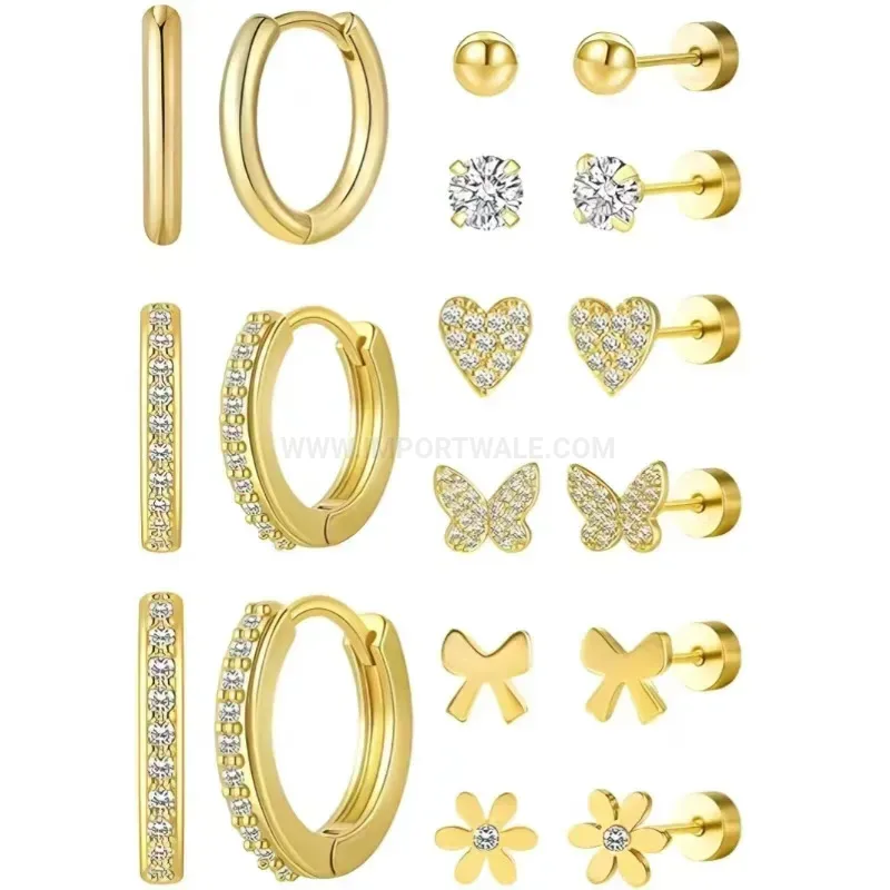Elegant Golden Heart and Butterfly Stainless Steel Earring Set